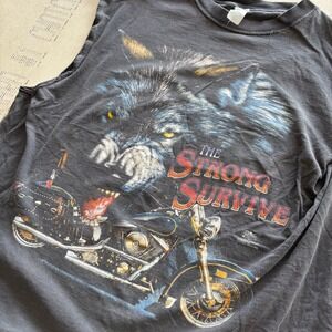 Vintage The Strong Survive Wolf Motorcycle T-shirt Muscle Tee